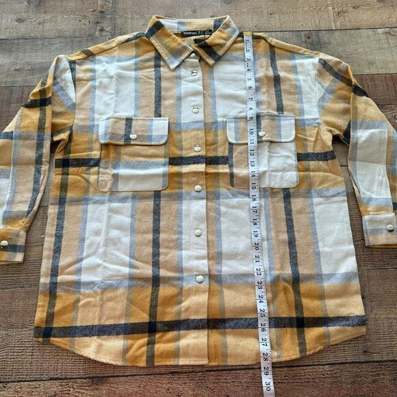 Boohoo petite mustard yellow and cream checked shacket women's size 2 petite - Picture 6 of 7